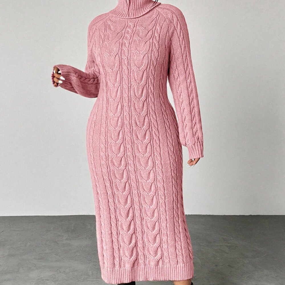 Pink Casual Women's Turtle Neck Cable Knit Midi Sweater Dress